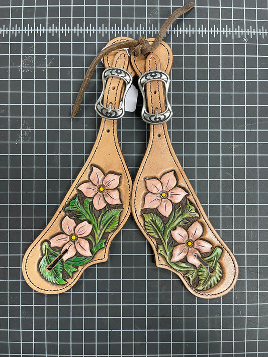 Hand Painted Pink Flowers Tear Drop Spur Straps - Ready to Ship