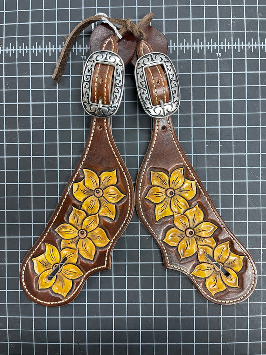 Hand Painted Yellow Flowers Tear Drop Spur Straps - Ready to Ship