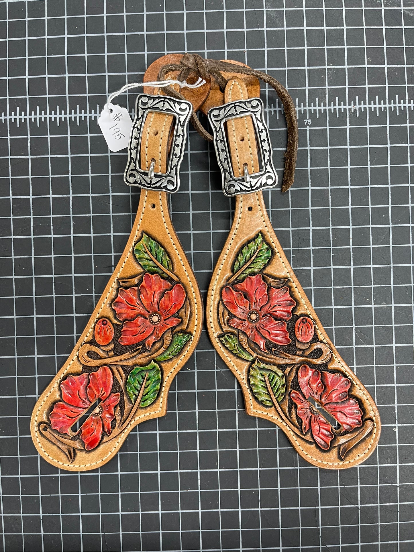 Hand Painted Red Wild Rose Tear Drop Spur Straps - Ready to Ship