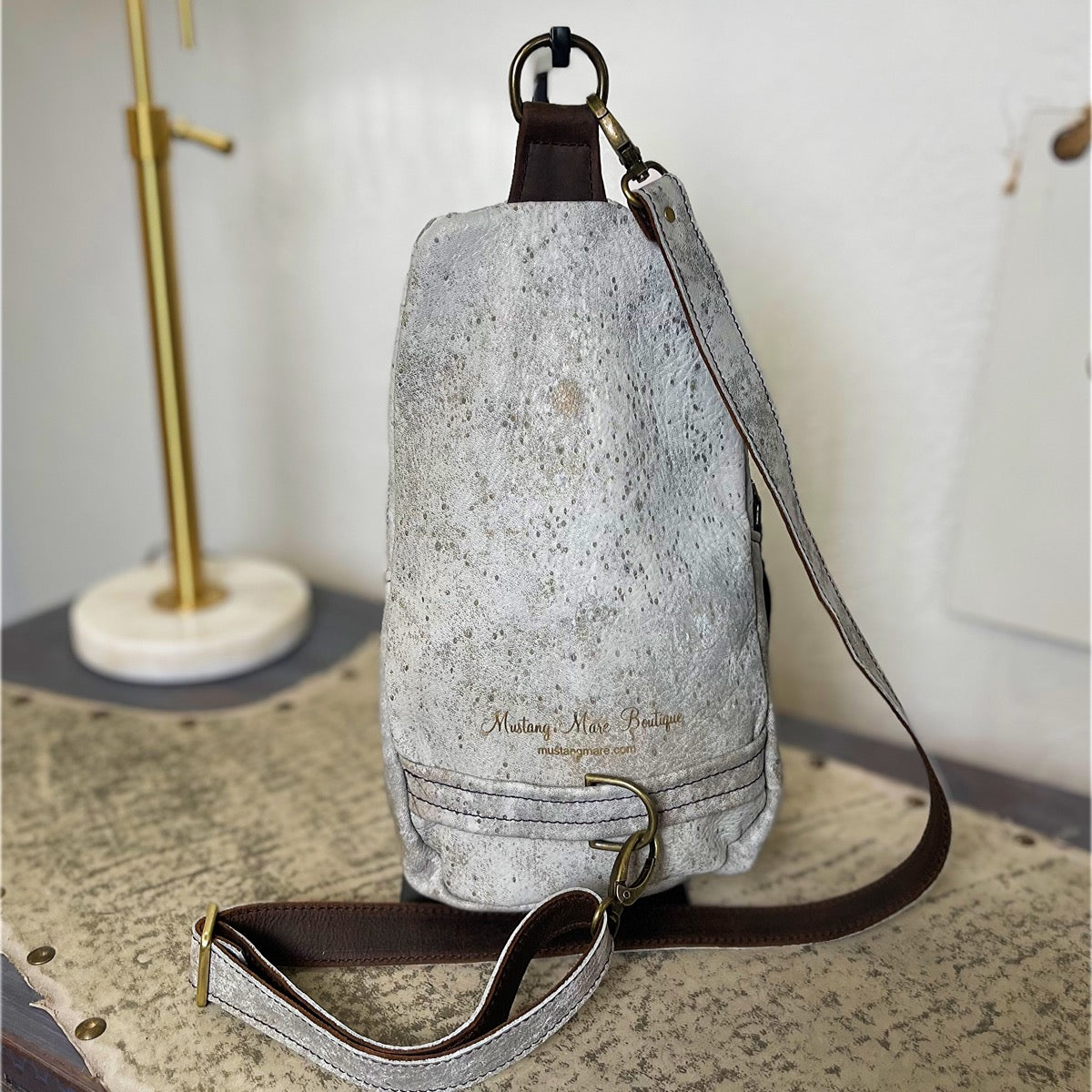 Boot Stitched Gray Leather Sling Bag