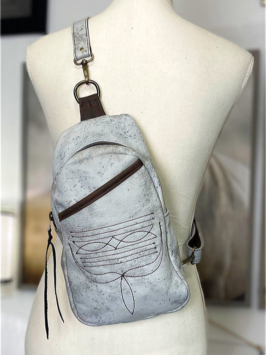 Boot Stitched Gray Leather Sling Bag